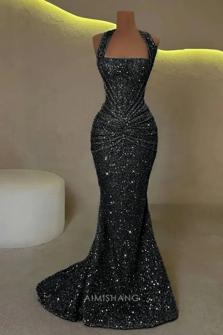 Aimishang Sparkly Mermaid Halter Sleeveless Evening Gown Fashion Long Prom Dress Charming Birthday Party Dress