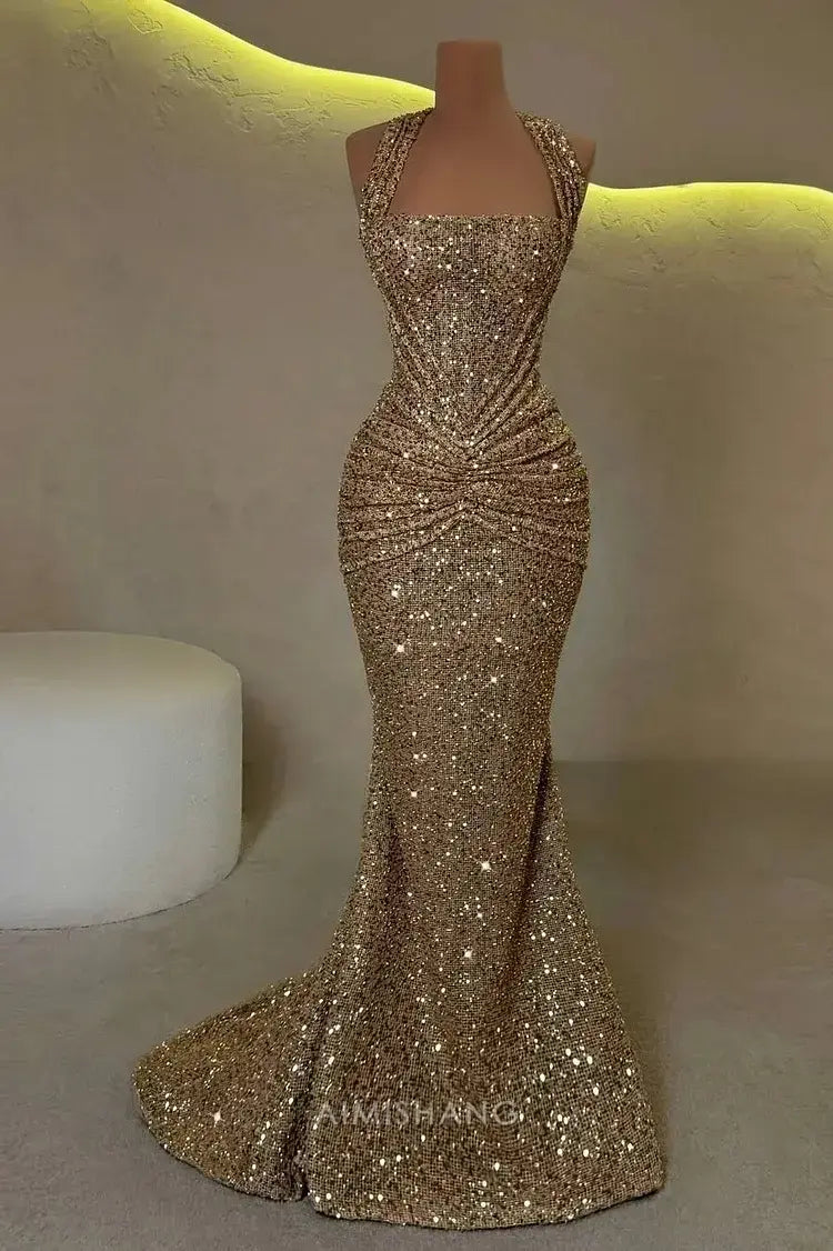 Aimishang Sparkly Mermaid Halter Sleeveless Evening Gown Fashion Long Prom Dress Charming Birthday Party Dress