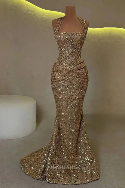 Aimishang Sparkly Mermaid Halter Sleeveless Evening Gown Fashion Long Prom Dress Charming Birthday Party Dress