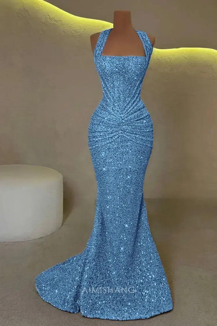 Aimishang Sparkly Mermaid Halter Sleeveless Evening Gown Fashion Long Prom Dress Charming Birthday Party Dress