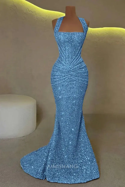 Aimishang Sparkly Mermaid Halter Sleeveless Evening Gown Fashion Long Prom Dress Charming Birthday Party Dress