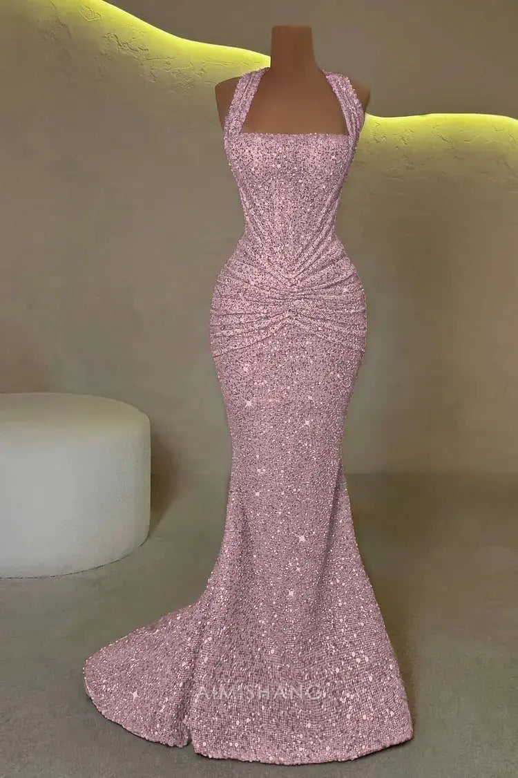 Aimishang Sparkly Mermaid Halter Sleeveless Evening Gown Fashion Long Prom Dress Charming Birthday Party Dress