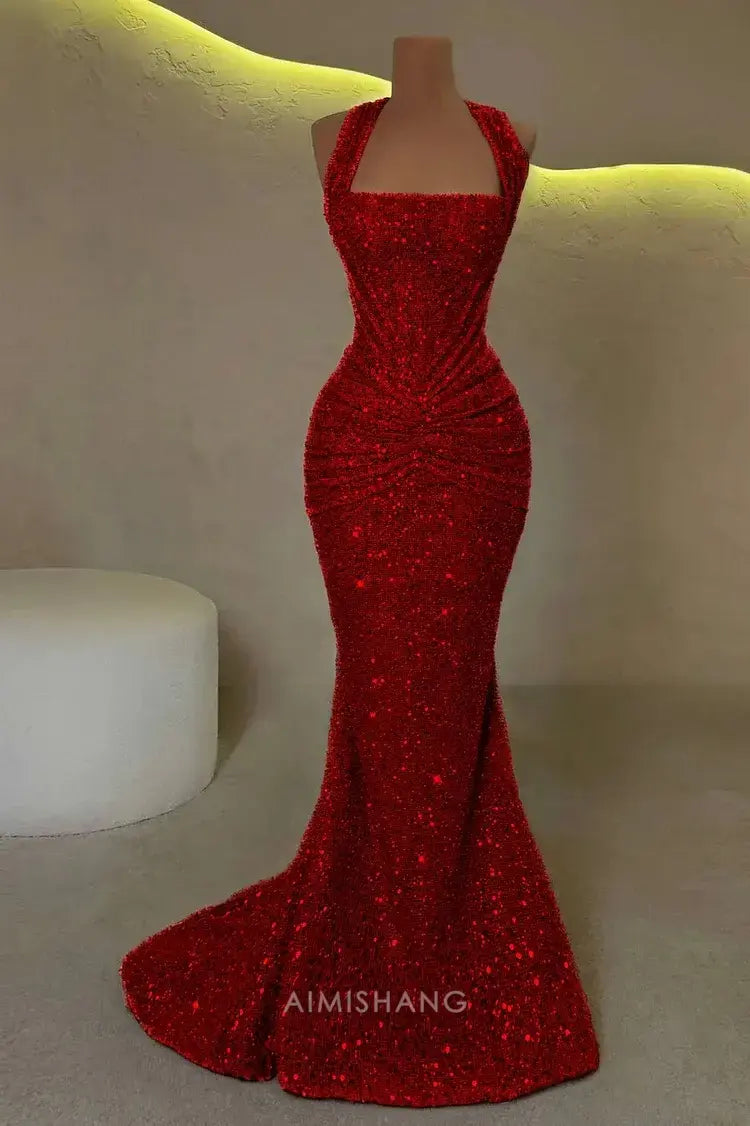 Aimishang Sparkly Mermaid Halter Sleeveless Evening Gown Fashion Long Prom Dress Charming Birthday Party Dress