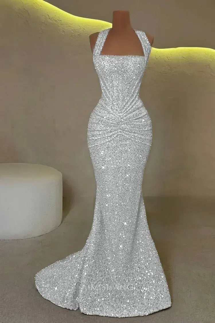 Aimishang Sparkly Mermaid Halter Sleeveless Evening Gown Fashion Long Prom Dress Charming Birthday Party Dress