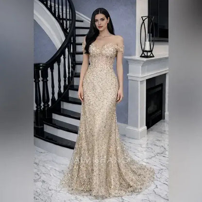 Aimishang Sparkly Mermaid Off the Shoulder Long Formal Prom Dress Gorgeous Birthday Party Dress Black Grils Evening Gowns