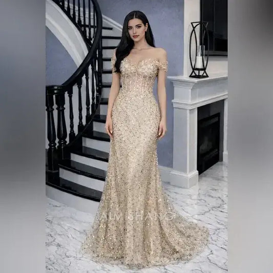 Aimishang Sparkly Mermaid Off the Shoulder Long Formal Prom Dress Gorgeous Birthday Party Dress Black Grils Evening Gowns
