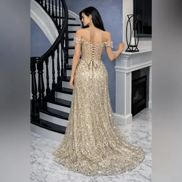 Aimishang Sparkly Mermaid Off the Shoulder Long Formal Prom Dress Gorgeous Birthday Party Dress Black Grils Evening Gowns