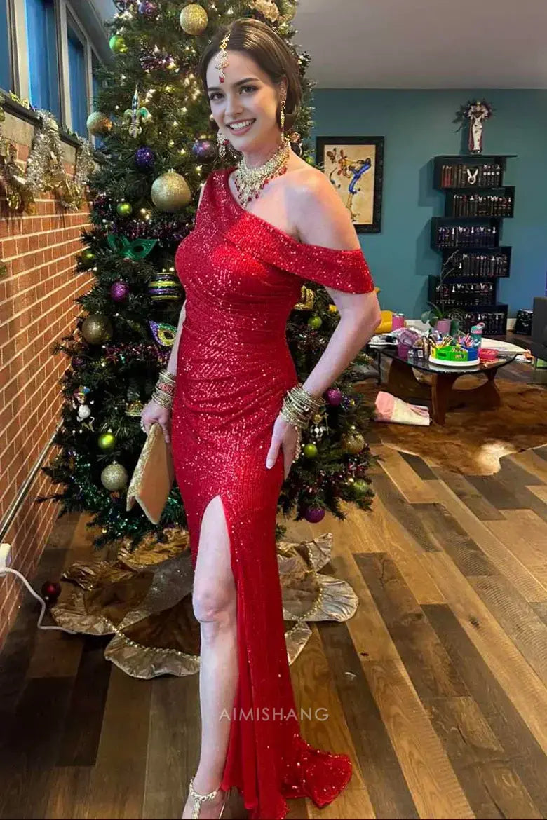 Aimishang Sparkly Mermaid Sequins Sleeveless Elegant Long Formal Prom Dress Charming Evening Party Dress With Slit