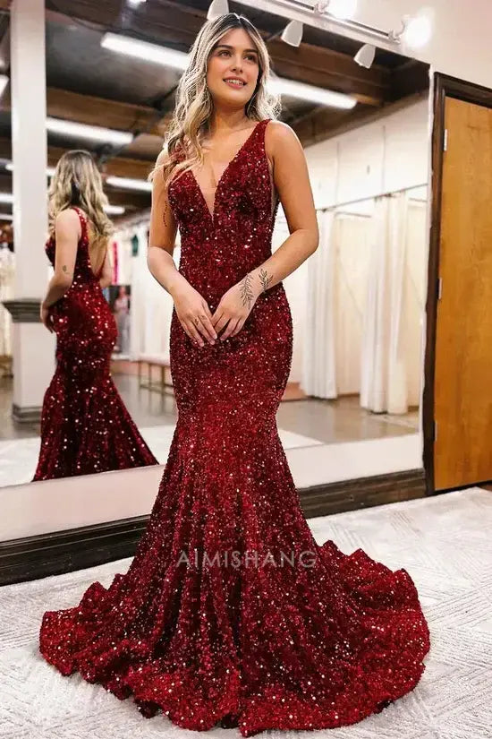 Aimishang Sparkly Mermaid Sleeveless Black Sequins Long Prom Dress Sexy Party Evening Gown Fashion Formal Dress