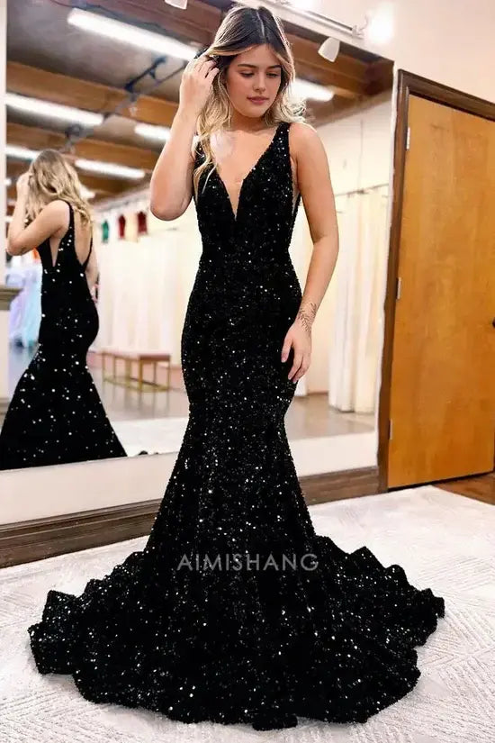 Aimishang Sparkly Mermaid Sleeveless Black Sequins Long Prom Dress Sexy Party Evening Gown Fashion Formal Dress