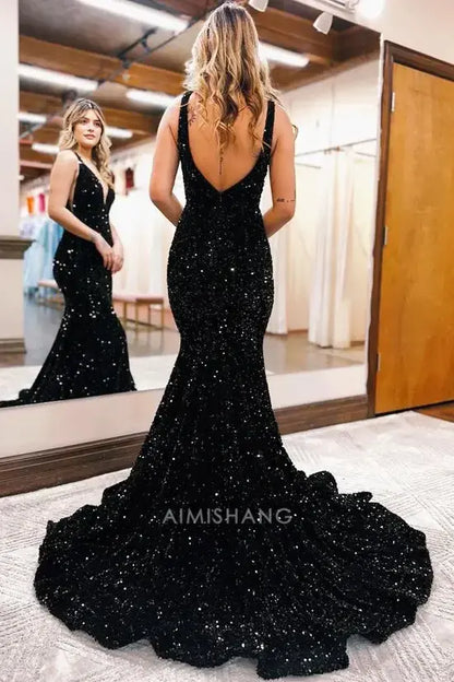 Aimishang Sparkly Mermaid Sleeveless Black Sequins Long Prom Dress Sexy Party Evening Gown Fashion Formal Dress