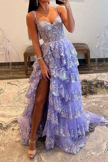 Wholesale Prom Dress A-Line Off The Shoulder Stunning Glitter Tiered With Split