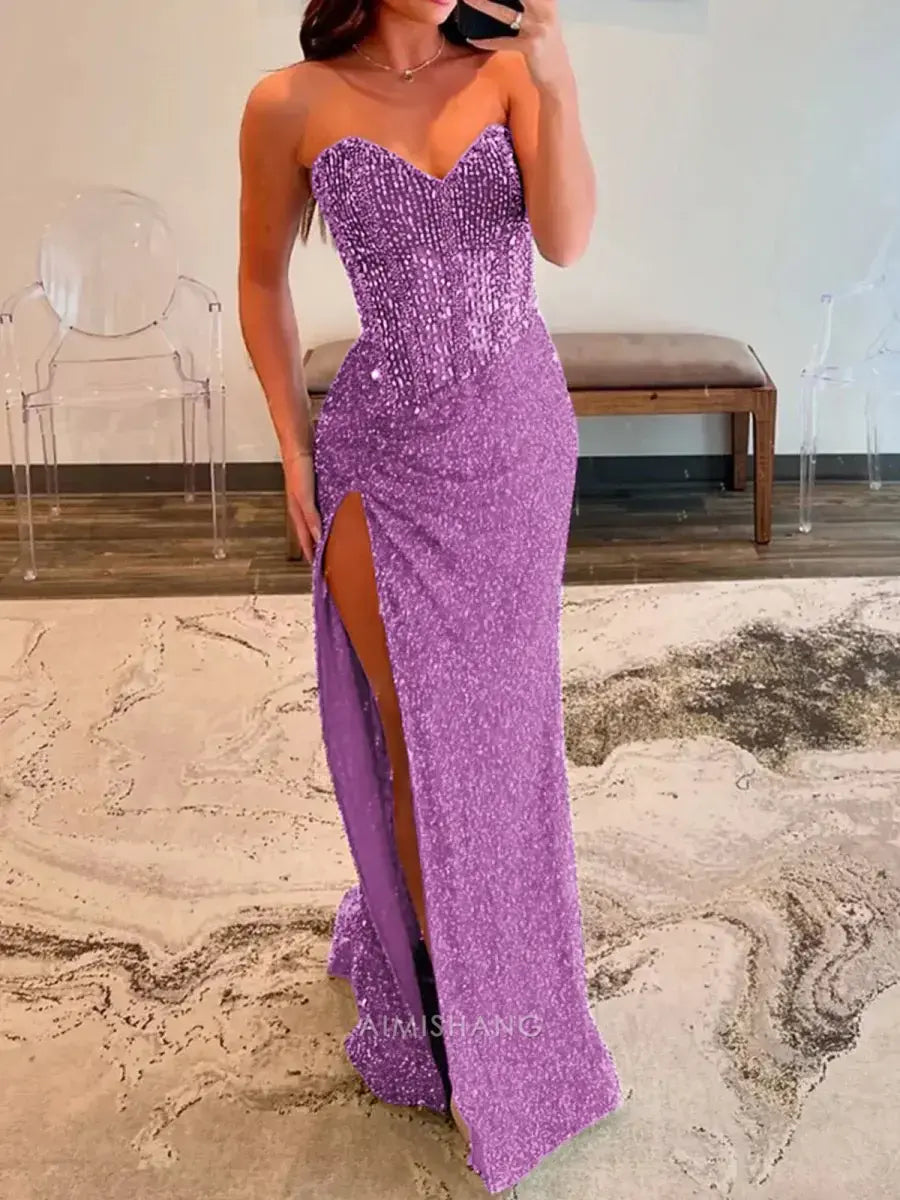 Aimishang Sparkly Sweetheart Strapless Sequins Long Formal Prom Dress With Slit Charming Evening Gown Sexy Party Dress With Beading