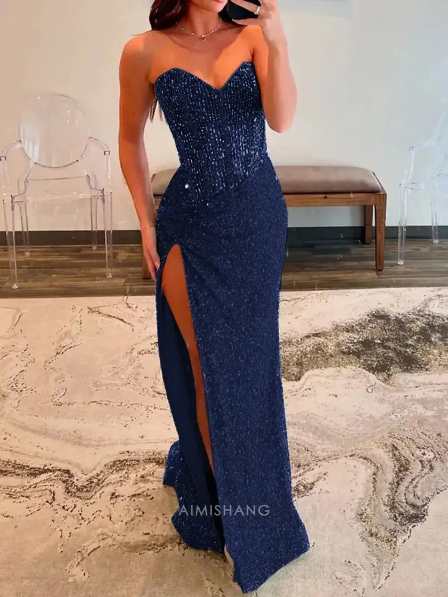 Aimishang Sparkly Sweetheart Strapless Sequins Long Formal Prom Dress With Slit Charming Evening Gown Sexy Party Dress With Beading