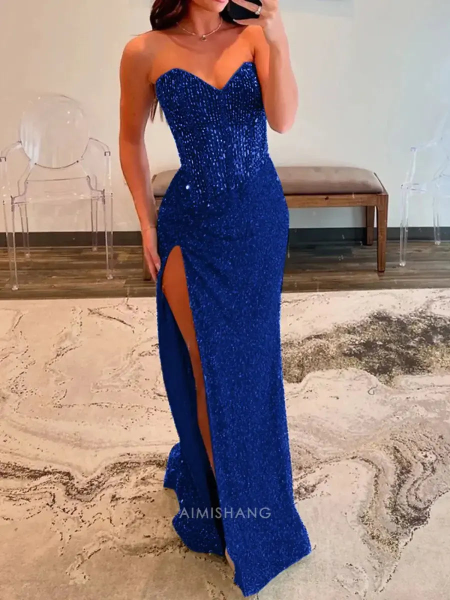 Aimishang Sparkly Sweetheart Strapless Sequins Long Formal Prom Dress With Slit Charming Evening Gown Sexy Party Dress With Beading