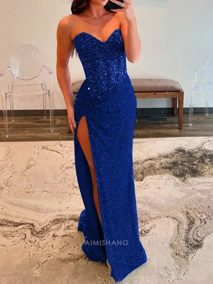 Aimishang Sparkly Sweetheart Strapless Sequins Long Formal Prom Dress With Slit Charming Evening Gown Sexy Party Dress With Beading