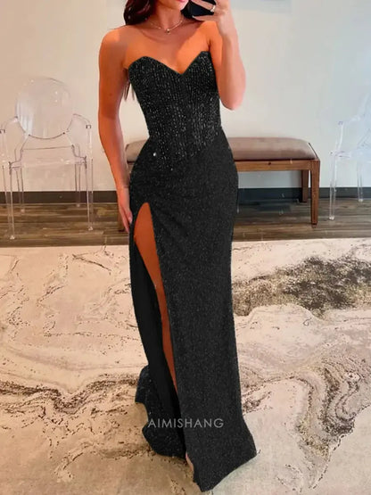 Aimishang Sparkly Sweetheart Strapless Sequins Long Formal Prom Dress With Slit Charming Evening Gown Sexy Party Dress With Beading