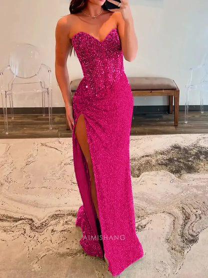 Aimishang Sparkly Sweetheart Strapless Sequins Long Formal Prom Dress With Slit Charming Evening Gown Sexy Party Dress With Beading