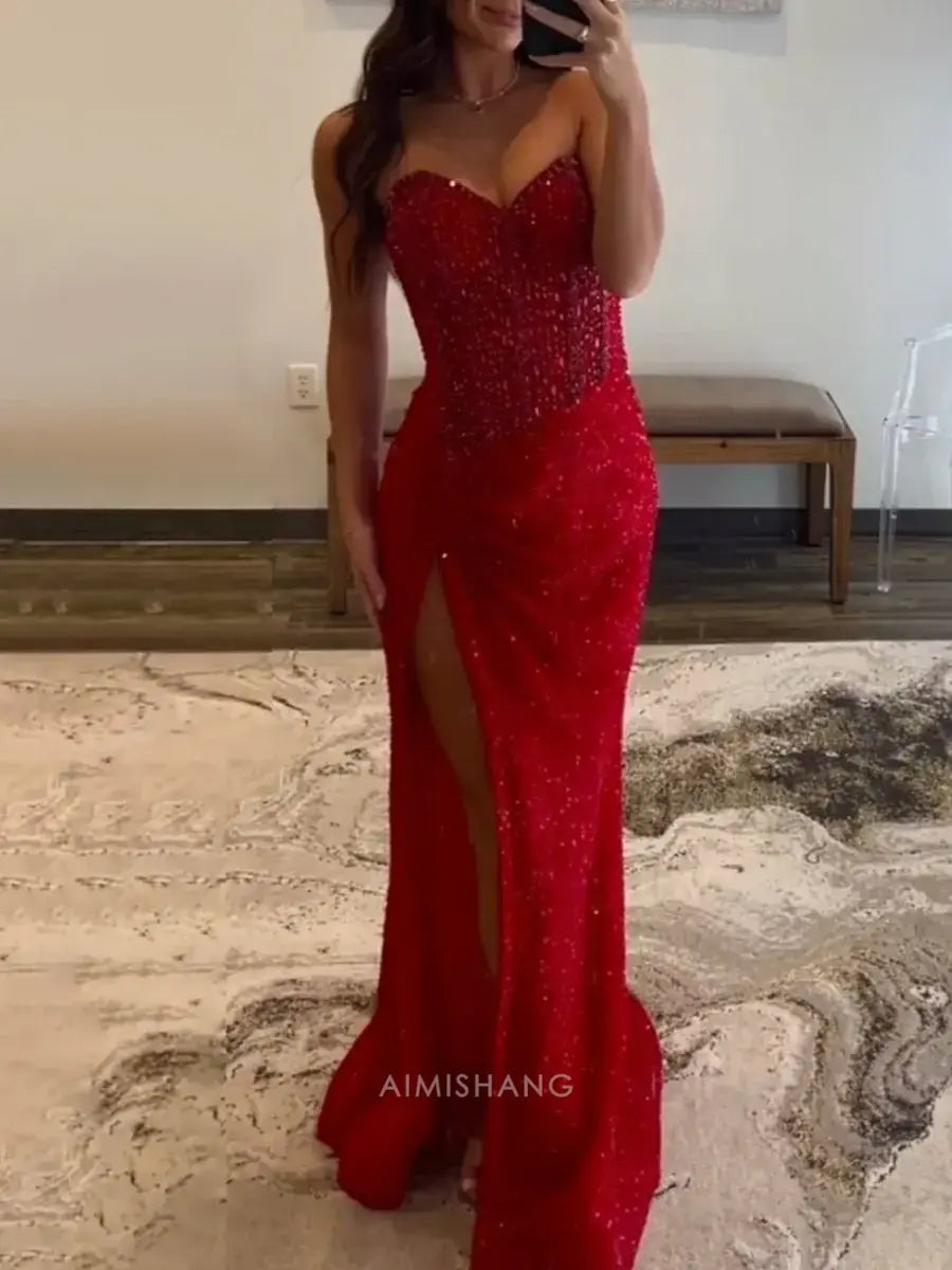 Aimishang Sparkly Sweetheart Strapless Sequins Long Formal Prom Dress With Slit Charming Evening Gown Sexy Party Dress With Beading