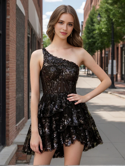 Aimishang Sparkly A-Line/Princess One-Shoulder Homecoming Dresses with Ruffles Short Graduation Dress Lovely Birthday Party Dress