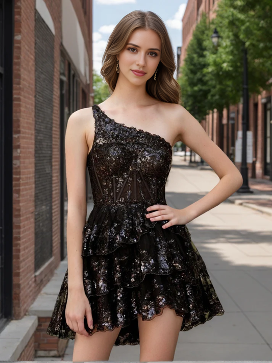 Aimishang Sparkly A-Line/Princess One-Shoulder Homecoming Dresses with Ruffles Short Graduation Dress Lovely Birthday Party Dress