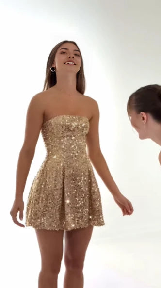 Aimishang Sparkly A-Line Strapless Sleeveless Sequin Short Party Prom Dress Gorgeous Mini Homecoming Dress