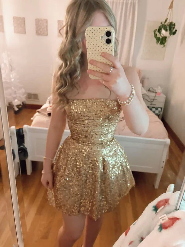 Aimishang Sparkly A-Line Strapless Sleeveless Sequin Short Party Prom Dress Gorgeous Mini Homecoming Dress