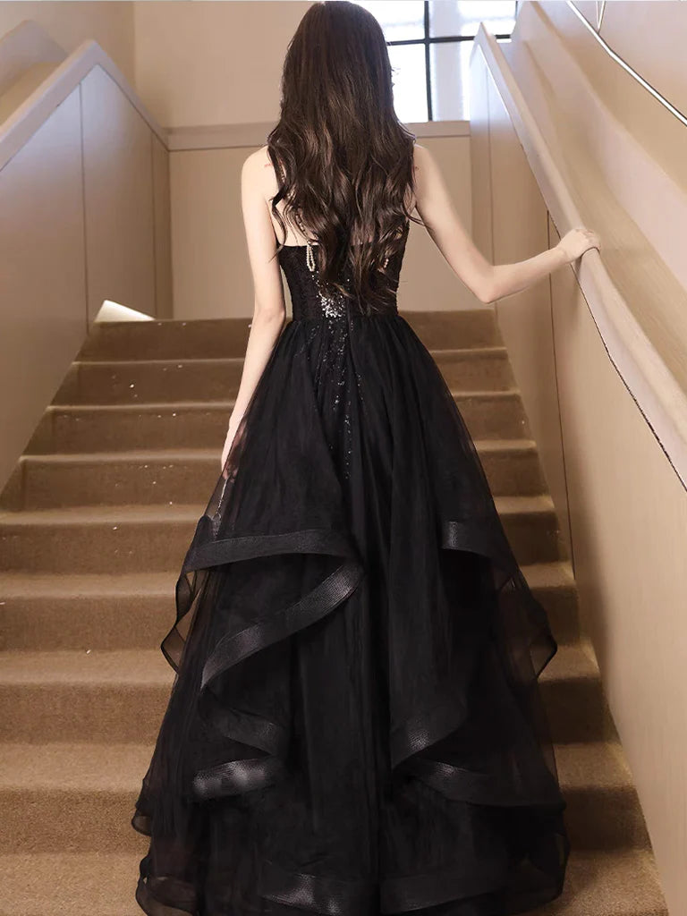 Aimishang Sparkly A-Line V Neck Black Sequin Tulle Sleeveless Evening Party Dress Pretty Long Formal Prom Dress With Slit