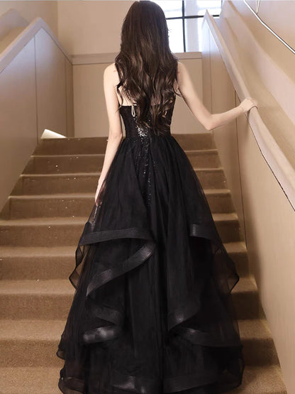 Aimishang Sparkly A-Line V Neck Black Sequin Tulle Sleeveless Evening Party Dress Pretty Long Formal Prom Dress With Slit