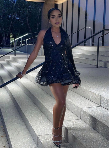 Aimishang Sparkly A Line Halter Sleeveless Short Homecoming Dress Summer Birthday Party Dress