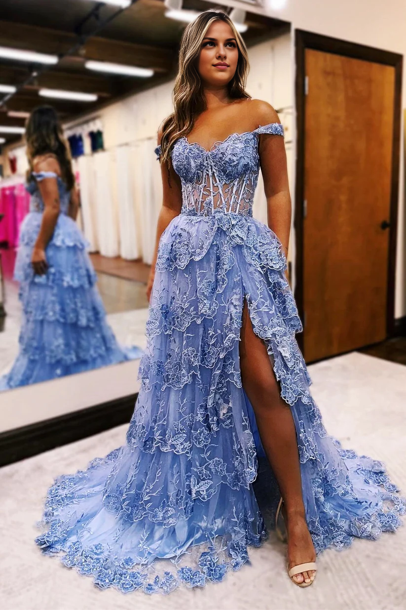 Aimishang Sparkly A Line Off-the-Shoulder Ruffle Long Formal Prom Dress With Slit Sweetheart Tiered Lace Charming Evening Party Dress
