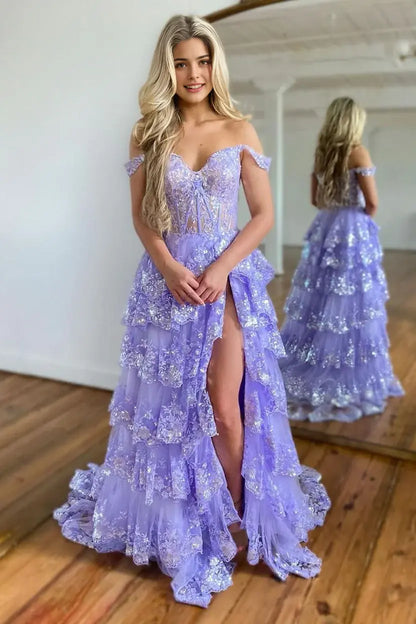 Aimishang Sparkly A Line Off-the-Shoulder Ruffle Long Formal Prom Dress With Slit Sweetheart Tiered Lace Charming Evening Party Dress