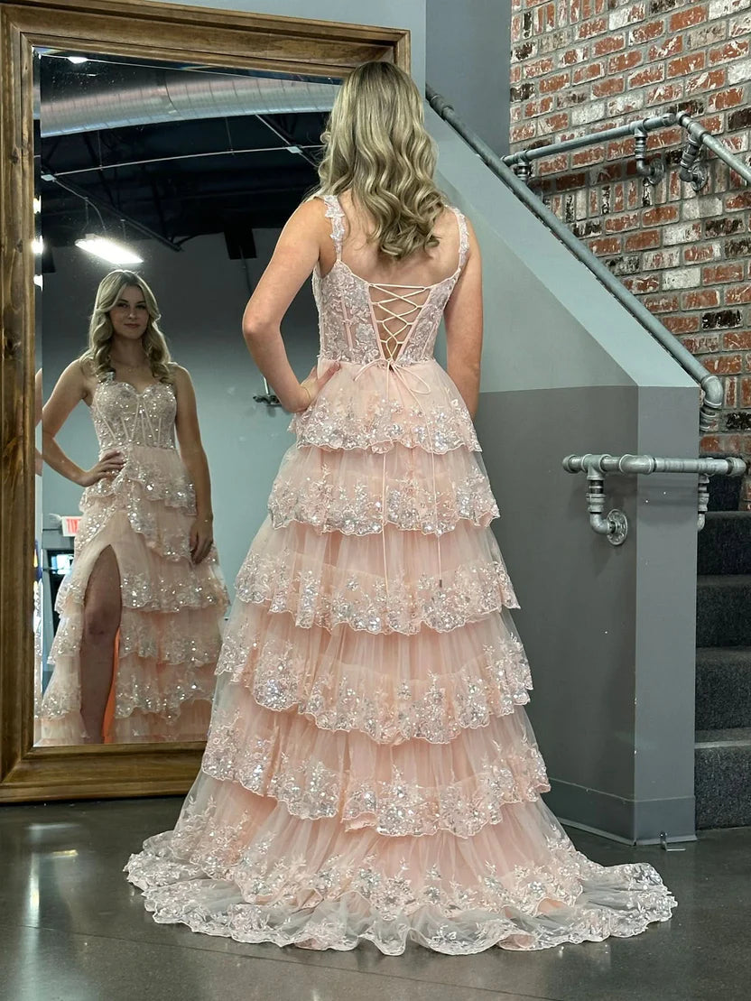 Aimishang Sparkly A Line Off-the-Shoulder Ruffle Long Formal Prom Dress With Slit Sweetheart Tiered Lace Charming Evening Party Dress