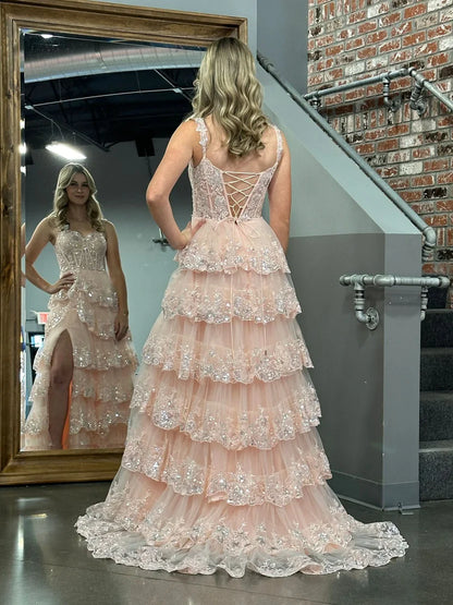 Aimishang Sparkly A Line Off-the-Shoulder Ruffle Long Formal Prom Dress With Slit Sweetheart Tiered Lace Charming Evening Party Dress