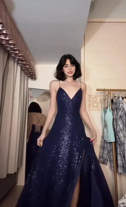 Aimishang Sparkly A Line Spaghetti Straps Sleeveless Sequin Long Formal Prom Dress Charming Evening Party Dress with Slit