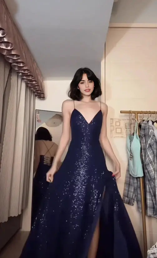 Aimishang Sparkly A Line Spaghetti Straps Sleeveless Sequin Long Formal Prom Dress Charming Evening Party Dress with Slit