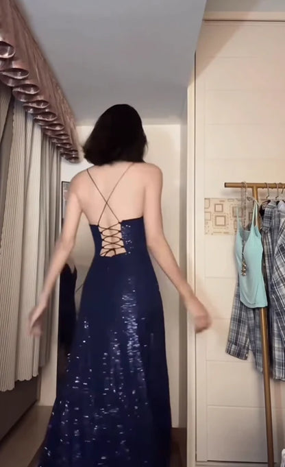 Aimishang Sparkly A Line Spaghetti Straps Sleeveless Sequin Long Formal Prom Dress Charming Evening Party Dress with Slit