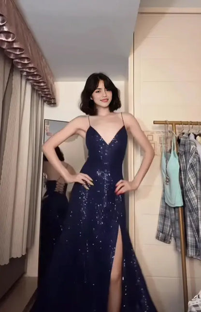 Aimishang Sparkly A Line Spaghetti Straps Sleeveless Sequin Long Formal Prom Dress Charming Evening Party Dress with Slit