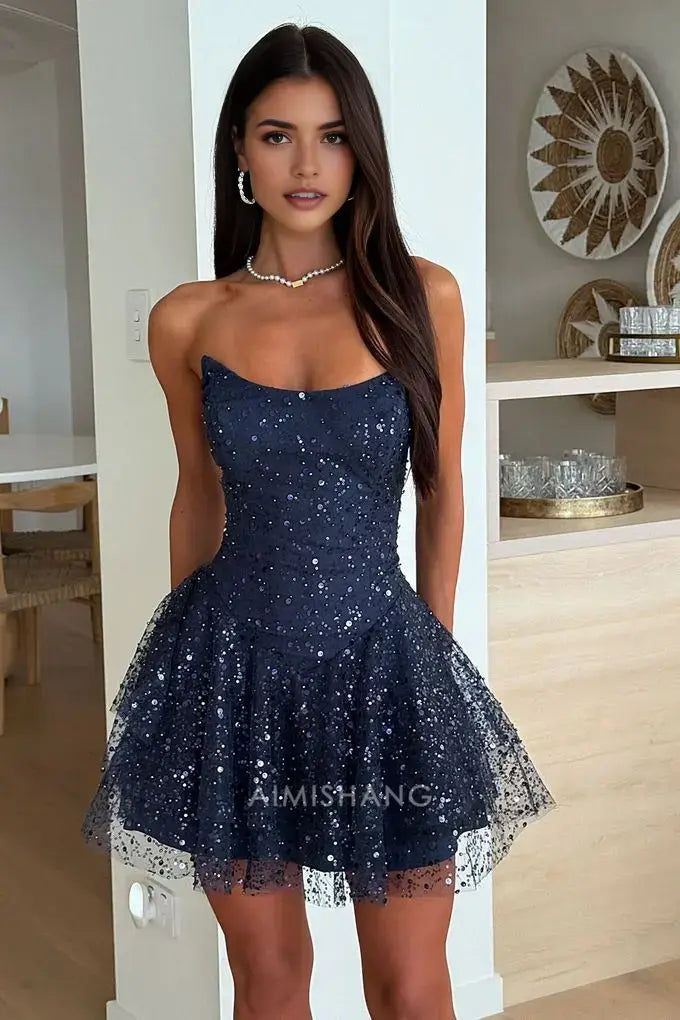 Aimishang Sparkly A Line Strapless Short Prom Dress Black Girl Homecoming Dress Charming Birthday Party Dress