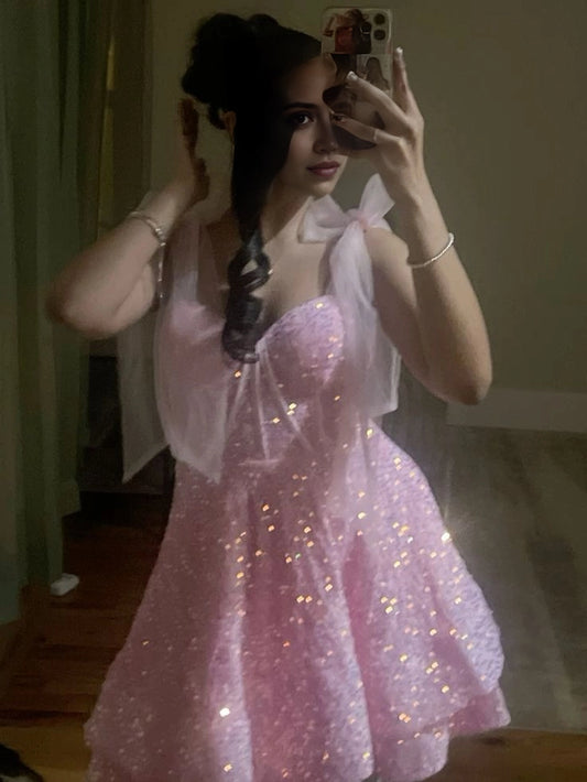 Aimishang Sparkly A Line Straps Sleeveless Sequin Short Formal Birthday Party Dress Sweet Graduation Homecoming Dress