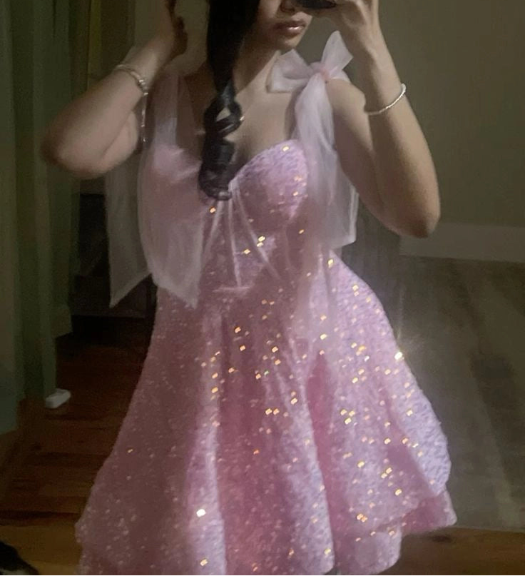 Aimishang Sparkly A Line Straps Sleeveless Sequin Short Formal Birthday Party Dress Sweet Graduation Homecoming Dress