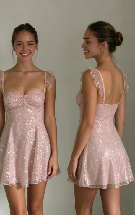Aimishang Sparkly A Line Sweetheart Neck Ruffle Sleeveless Sequin Short Homecoming Dresses Summer Mini Graduation Party Dress
