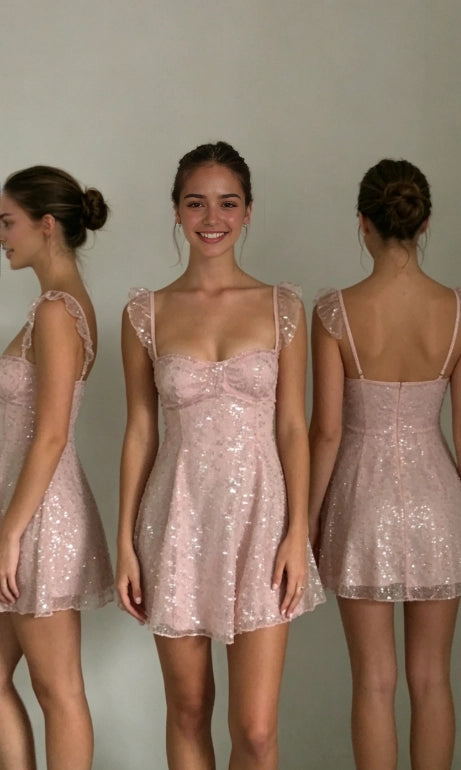 Aimishang Sparkly A Line Sweetheart Neck Ruffle Sleeveless Sequin Short Homecoming Dresses Summer Mini Graduation Party Dress