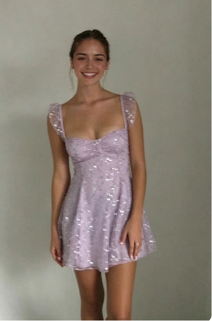 Aimishang Sparkly A Line Sweetheart Neck Ruffle Sleeveless Sequin Short Homecoming Dresses Summer Mini Graduation Party Dress