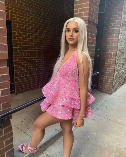 Aimishang Sparkly A Line V Neck Sequins Tiered Sleeveless Short Formal Homecoming Dress Sexy Birthday Party Dress
