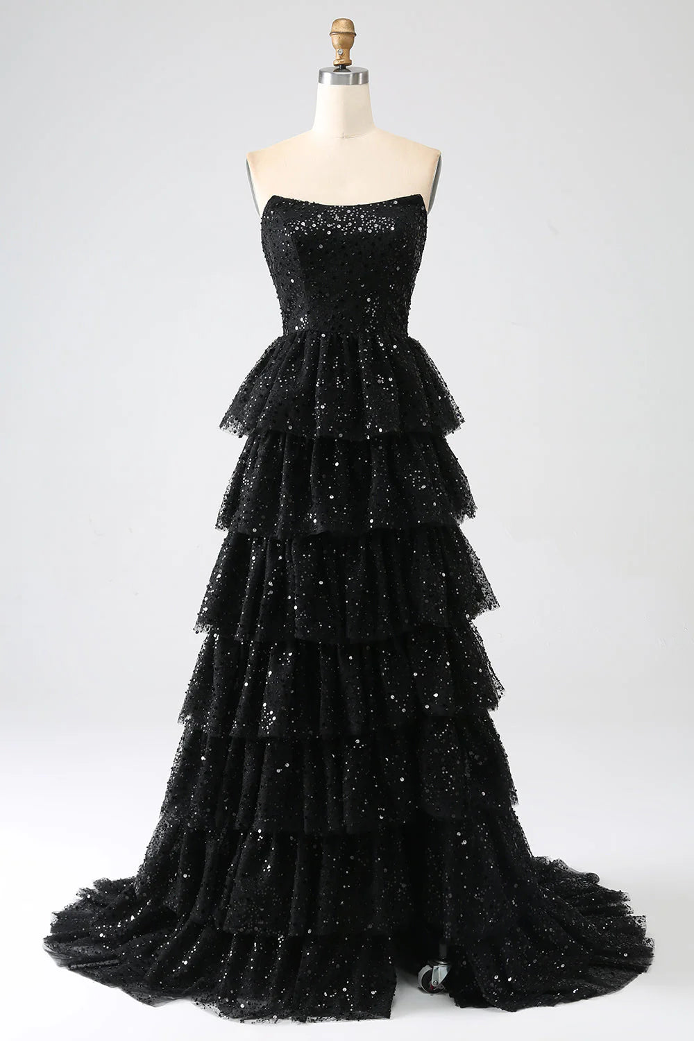 Aimishang Sparkly Black A-Line Strapless Sequins Tiered Long Formal Prom Dress Gorgeous Evening Party Dress with Slit