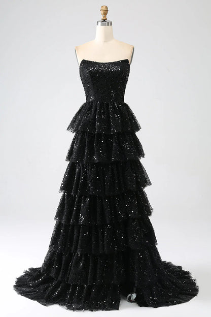 Aimishang Sparkly Black A-Line Strapless Sequins Tiered Long Formal Prom Dress Gorgeous Evening Party Dress with Slit