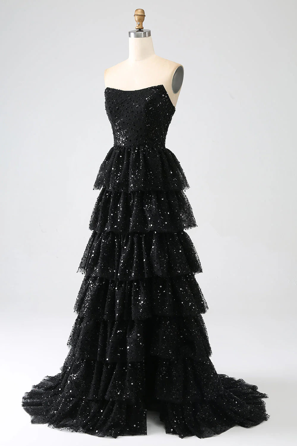Aimishang Sparkly Black A-Line Strapless Sequins Tiered Long Formal Prom Dress Gorgeous Evening Party Dress with Slit