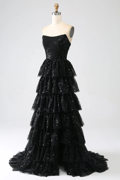 Aimishang Sparkly Black A-Line Strapless Sequins Tiered Long Formal Prom Dress Gorgeous Evening Party Dress with Slit