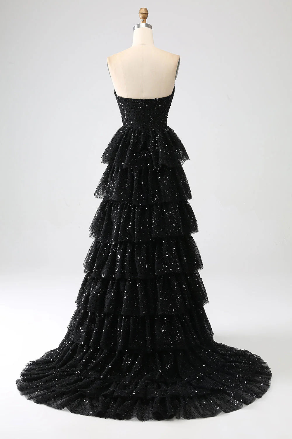 Aimishang Sparkly Black A-Line Strapless Sequins Tiered Long Formal Prom Dress Gorgeous Evening Party Dress with Slit